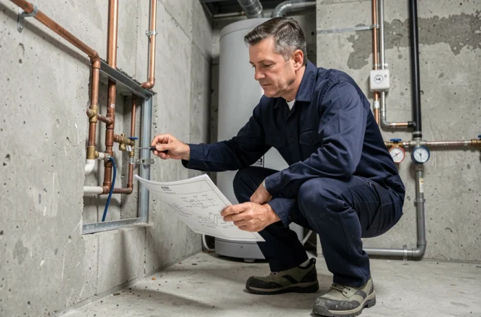 Un plombier professionnel inspecte les canalisations d'une maison en consultant un schéma technique