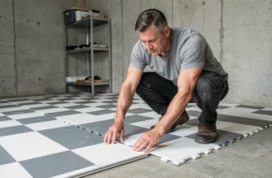 Homme posant des dalles clipsables en PVC dans un garage lors d'une rénovation de sol