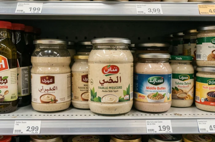 Rangée de pots de tahini sur un rayon de supermarché avec étiquettes de prix