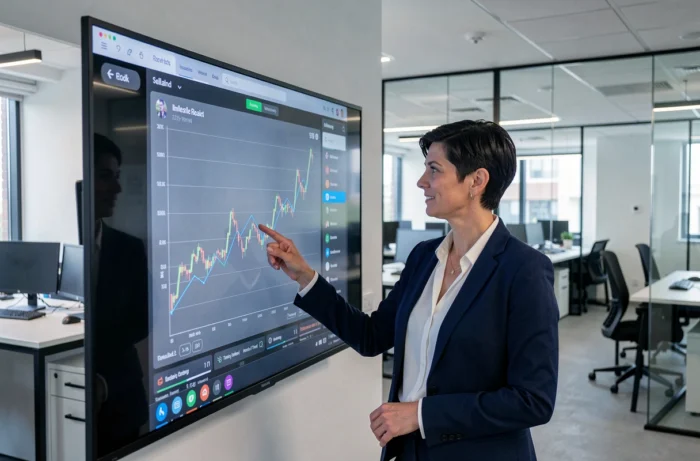 Femme professionnelle présentant un tableau de performance de REITs sur écran mural dans un bureau financier