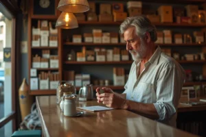 Homme examinant du tabac à rouler dans un bureau de tabac italien à Rome avec des étiquettes de prix visibles