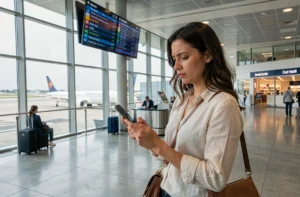 Femme consultant les prix de vol vers la Corse sur son smartphone dans un terminal d'aéroport