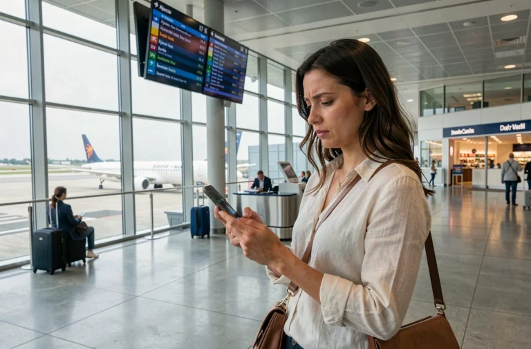 Femme consultant les prix de vol vers la Corse sur son smartphone dans un terminal d'aéroport