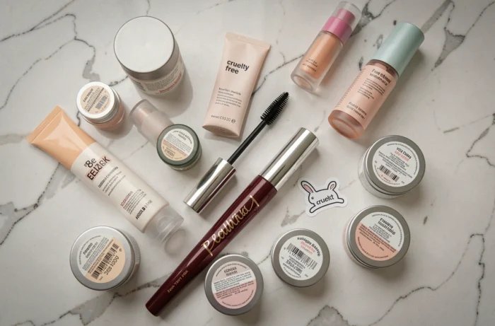 Gros plan de produits cosmétiques sur marbre blanc avec étiquette cruelty free et symbole lapin bondissant