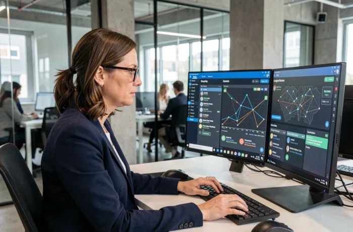 Professionnelle en cybersécurité analysant un tableau de bord de sécurité réseau sur des écrans d'ordinateur dans un bureau moderne