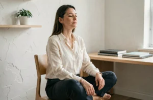 Professionnelle en séance de pleine conscience dans un bureau minimaliste et apaisant