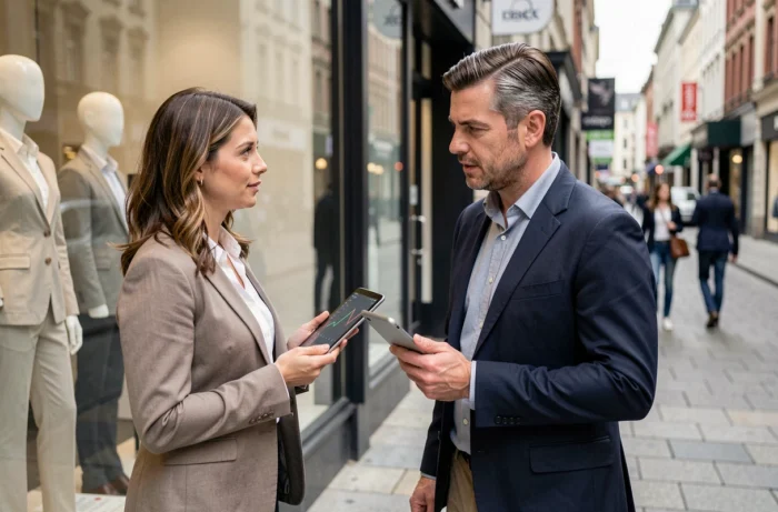 Deux professionnels du commerce discutant des nouvelles tendances retail devant une vitrine en centre-ville