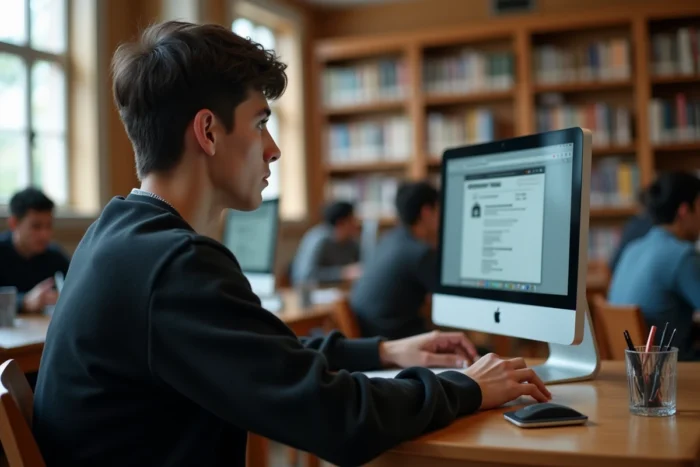 Étudiant accédant à des contenus bloqués via un proxy DNS sur un ordinateur en bibliothèque universitaire