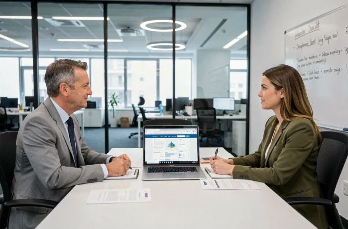 Deux professionnels en réunion discutant de services juridiques en ligne pour leur entreprise