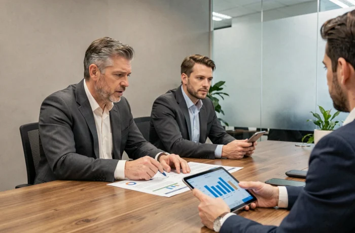 Homme d'affaires en réunion de stratégie autour d'une table en bois avec des rapports financiers et une tablette