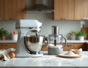 Robot pâtissier et Thermomix côte à côte sur un plan de travail en marbre blanc avec ingrédients de pâtisserie