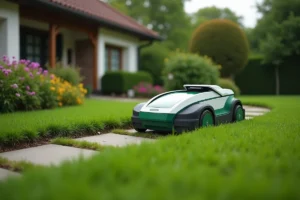 Robot tondeuse Gardena Sileno en action sur une pelouse de jardin résidentiel bien entretenue