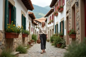 Ruelle pavée typique du village espagnol de Dancharia avec maisons basques traditionnelles aux volets colorés