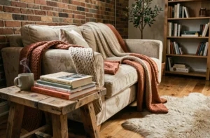 Coin salon cosy avec canapé en lin, plaids en laine chunky, table en chêne recyclé et tapis en peau de mouton dans un appartement au style scandinave chaleureux