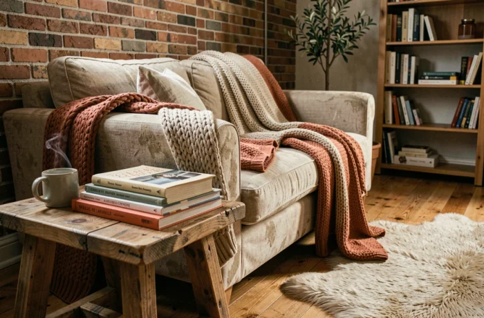 Coin salon cosy avec canapé en lin, plaids en laine chunky, table en chêne recyclé et tapis en peau de mouton dans un appartement au style scandinave chaleureux