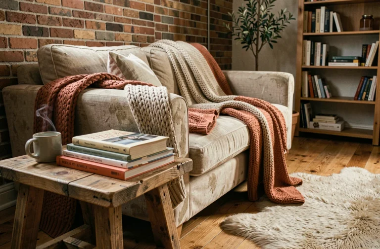 Coin salon cosy avec canapé en lin, plaids en laine chunky, table en chêne recyclé et tapis en peau de mouton dans un appartement au style scandinave chaleureux
