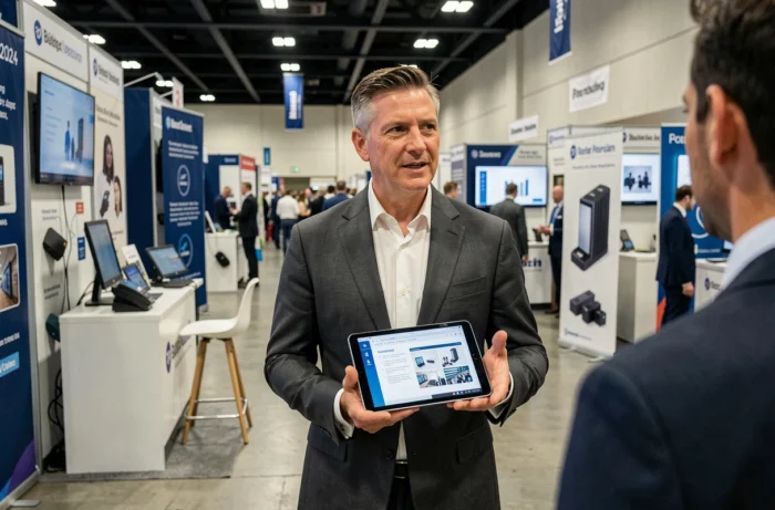 Homme d'affaires présentant des innovations produits lors d'un salon professionnel en 2024