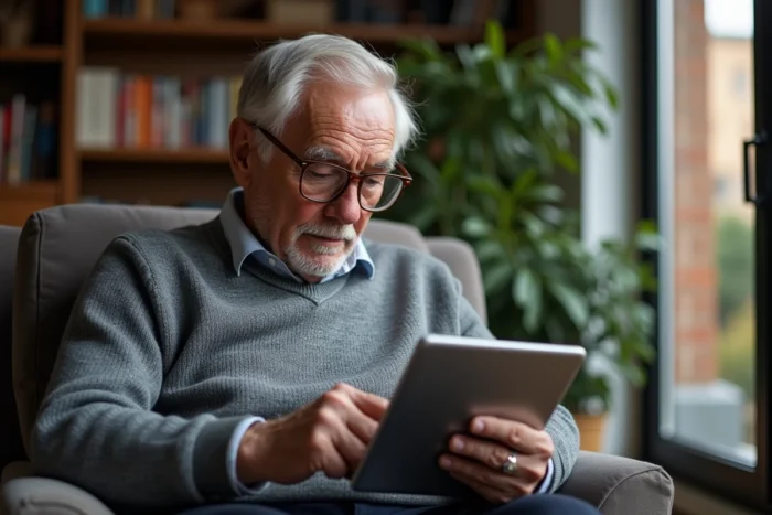 Un homme âgé utilise seul une tablette pour télécharger une application mobile dédiée aux seniors depuis son fauteuil