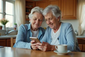 Une femme senior et sa fille adulte regardent ensemble comment télécharger une application sur un smartphone dans une cuisine chaleureuse