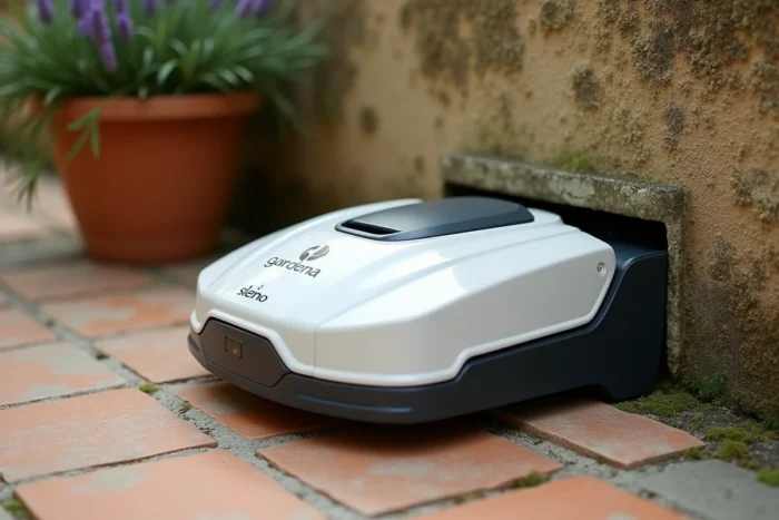 Station de charge du robot tondeuse Gardena Sileno installée contre un mur de jardin