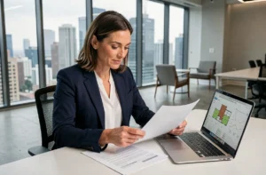 Femme professionnelle analysant des documents immobiliers et des graphiques de marché dans un bureau moderne avec vue sur la ville