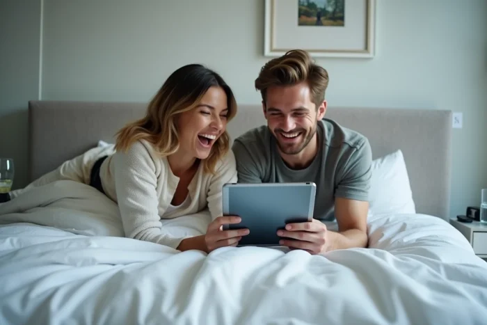 Deux amis regardant une série ensemble sur une tablette allongés sur un lit
