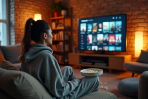Jeune femme regardant un film en streaming sur sa télévision depuis son canapé à la maison