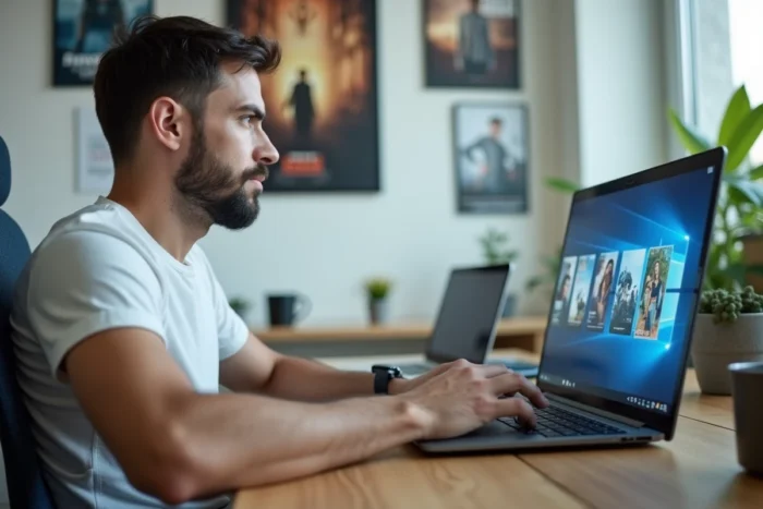 Homme regardant une série en streaming sur son ordinateur portable dans un bureau à domicile
