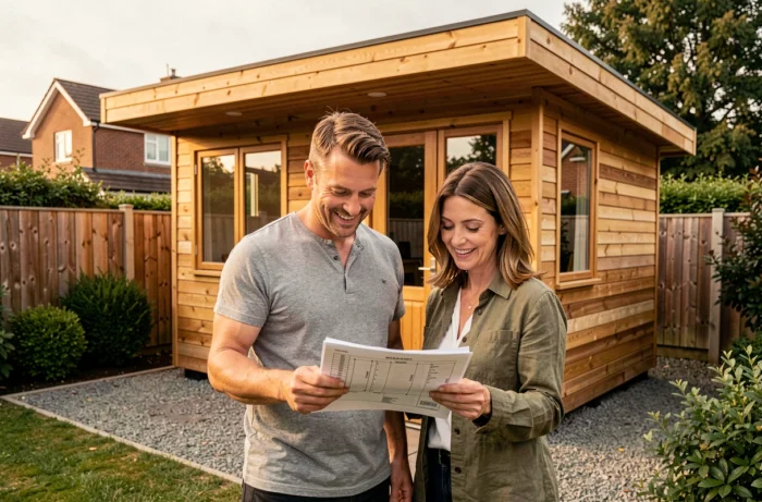 Couple devant un studio de jardin en bois nouvellement construit, consultant les surfaces autorisées sans permis de construire