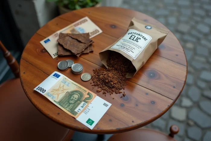 Tabac à rouler en sachet avec pièces et billets en euros sur une table en bois dans un café italien