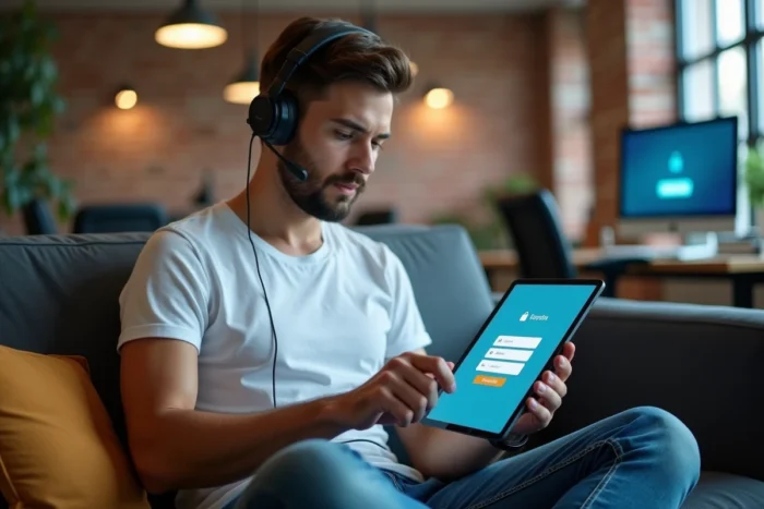 Technicien IT jeune résolvant une erreur de connexion sur une tablette dans un espace de travail moderne