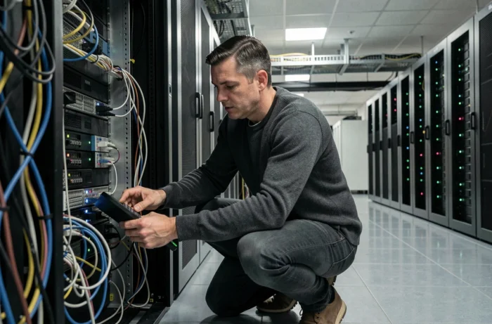 Technicien informatique inspectant un serveur dans une salle de données sécurisée pour renforcer la cybersécurité d'entreprise