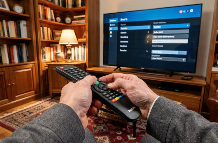 Mains tenant une télécommande Philips pour naviguer dans les paramètres d'une Smart TV