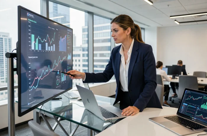 Femme d'affaires analysant des tendances économiques sur un écran tactile dans un bureau moderne en 2024