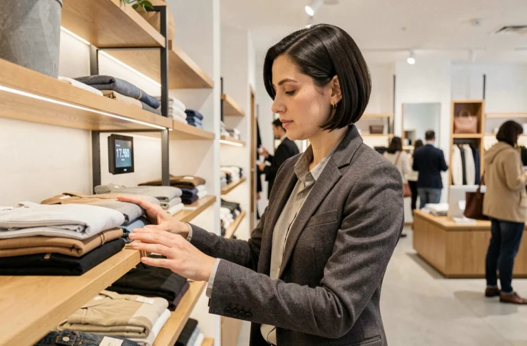 Femme consultant les tendances commerce dans une boutique moderne avec affichage numérique des prix