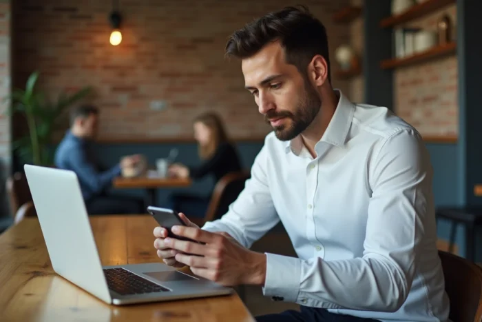 Homme professionnel utilisant une application bancaire mobile dans un café urbain moderne
