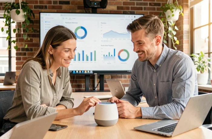 Deux collègues interagissant avec un assistant IA connecté dans un espace de coworking en 2024