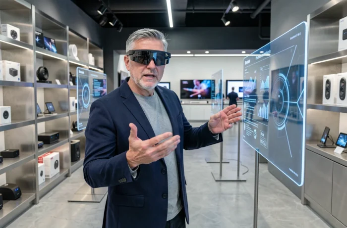 Homme testant des lunettes de réalité augmentée dans un showroom technologique moderne