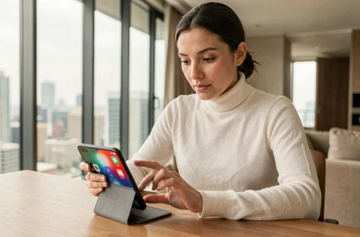 Femme utilisant un smartphone pliable dernière génération dans un appartement moderne en 2024