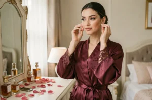 Femme élégante en robe de chambre en soie bordeaux avec dentelle devant un miroir de coiffeuse