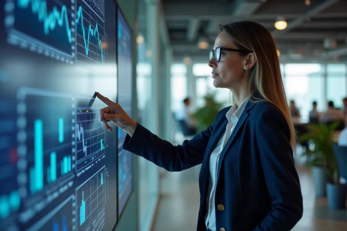 Femme cadre analysant des graphiques financiers sur un écran tactile dans un bureau bancaire moderne en 2024