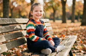 Petite fille de 7 ans habillée avec style en salopette marine et pull rayé coloré, assise sur un banc en bois entouré de feuilles d'automne