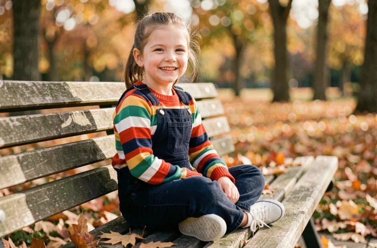 Petite fille de 7 ans habillée avec style en salopette marine et pull rayé coloré, assise sur un banc en bois entouré de feuilles d'automne