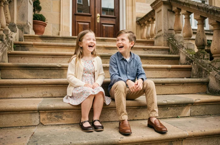 Deux enfants frère et sœur habillés avec style coordonné, riant sur des marches en pierre devant une maison de ville européenne
