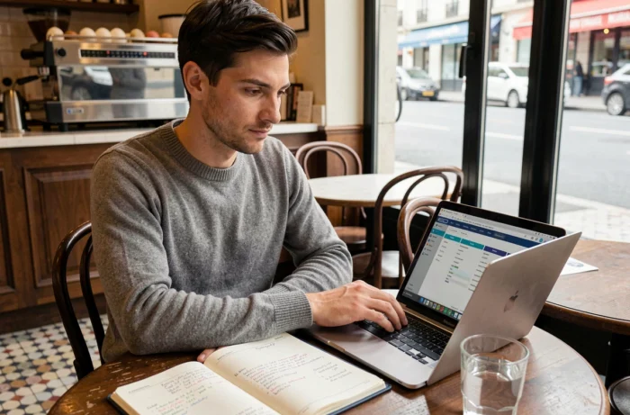 Travailleur indépendant gérant son développement commercial depuis un café avec un CRM sur ordinateur portable et un agenda papier