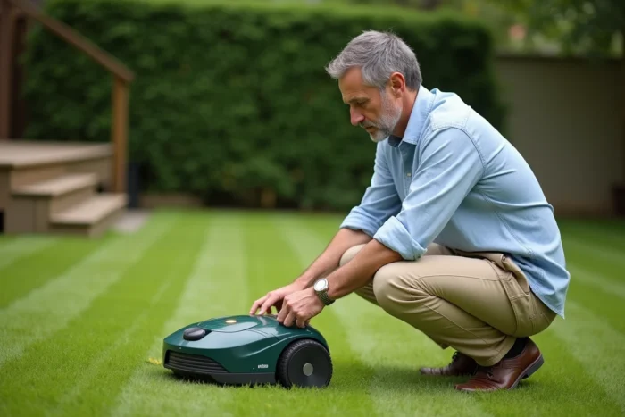 Utilisateur configurant le robot tondeuse Gardena Sileno via son panneau de commande dans le jardin