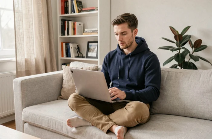 Jeune homme consultant le site tarenoi.com sur son ordinateur portable depuis son bureau à domicile