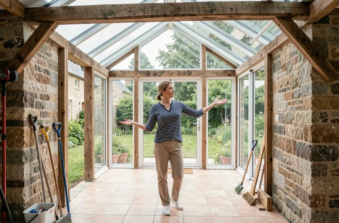 Femme dans une véranda en cours de construction annexée à une maison en pierre, illustrant une extension sans permis de construire