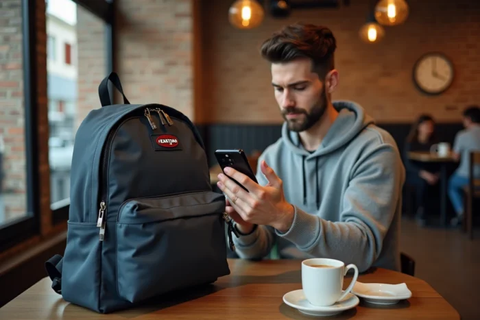 Jeune homme photographiant les détails du zip d'un sac Eastpak dans un café pour vérifier son authenticité