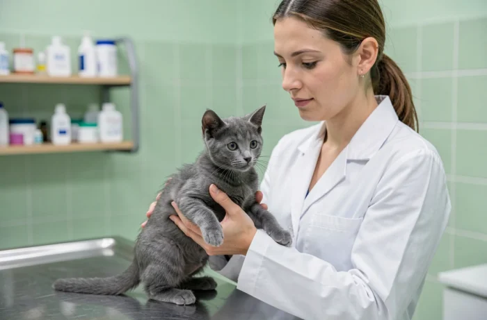 Vétérinaire tenant un chaton gris de 8 semaines lors d'un examen de santé en cabinet vétérinaire